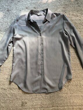 Uniqlo Satin Long Sleeve Button Down Blouse Silver Small S Oversized